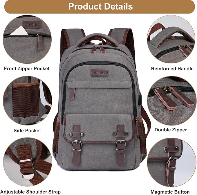 Mactso Canvas Travel Laptop Backpack for Men Women, Business Work Rucksack College School Computer Bag Fits 15.6 Inch Notebook,Bookbag with USB Charging Port (Grey, 15.6 Inch)