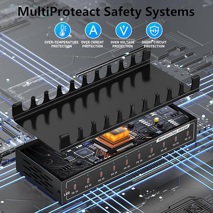 10 Port Fast Charging Station（10USB C）,200W USB C Charging Station, simultaneously Charges Mobile Phones, Tablets, Game Consoles and Headphones and Other Devices at high Speed