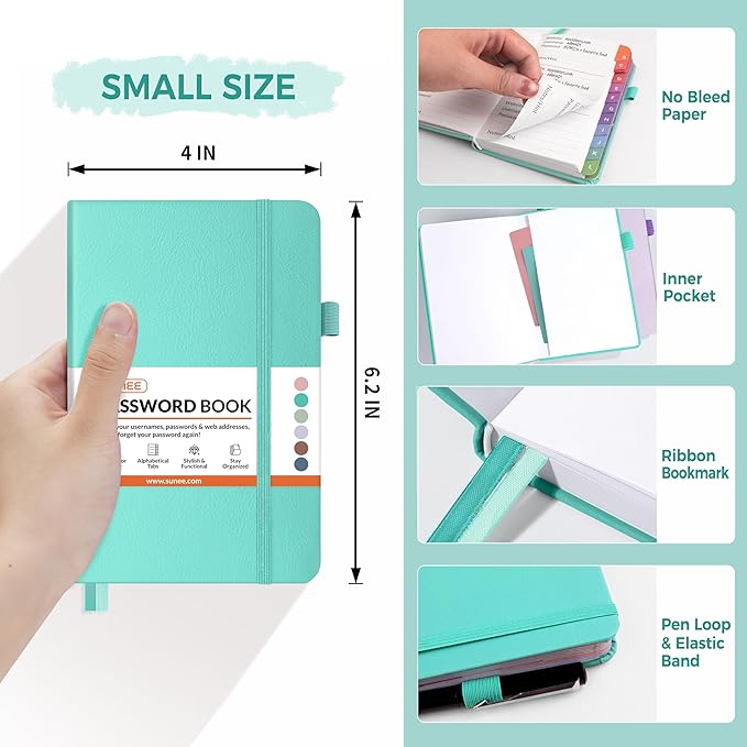 SUNEE Password Keeper Book with Colorful Alphabetical Tabs, Small Pocket Password Book for Internet Website Address Login, Gifts for Home and Office, 4''x 6''- Aquamarine
