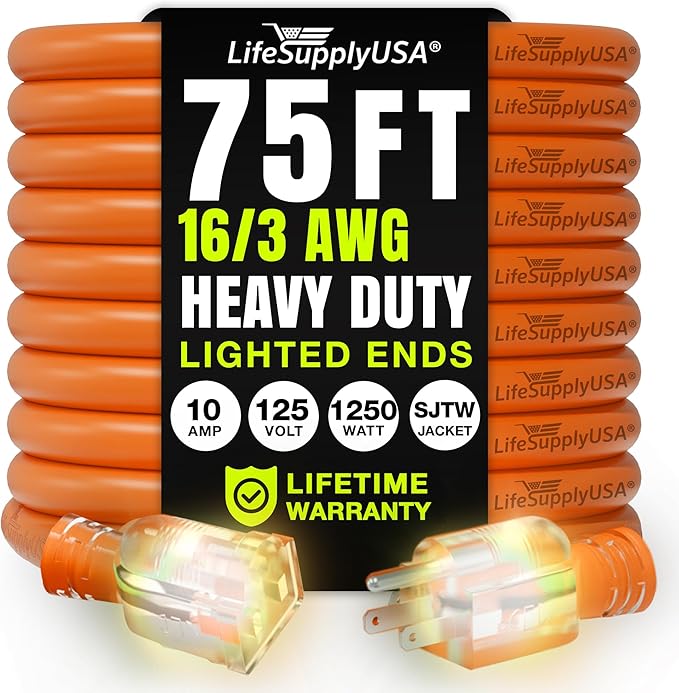 75ft Outdoor/Indoor Extension Cord 16/3 Gauge Heavy Duty 3 Prong SJTW, Waterproof, Flexible Cold-Resistant Long Power Cord,10A 125V 1250W, Orange by LifeSupplyUSA