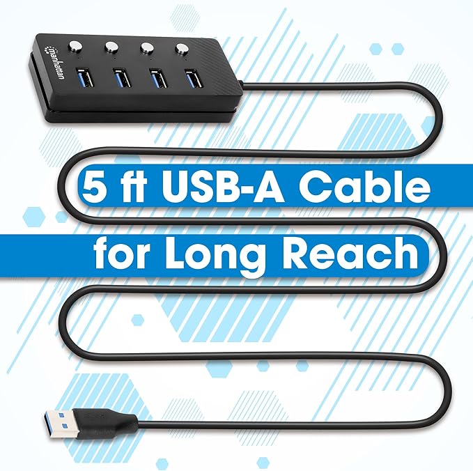 4 Port USB Extension Cable Hub with (5ft Long Cord) – USB 3.2 Powered USB Splitter On/Off Switches – USB Extender/Multiport Adapter for Desktop Computer, Laptop, PC Accessories