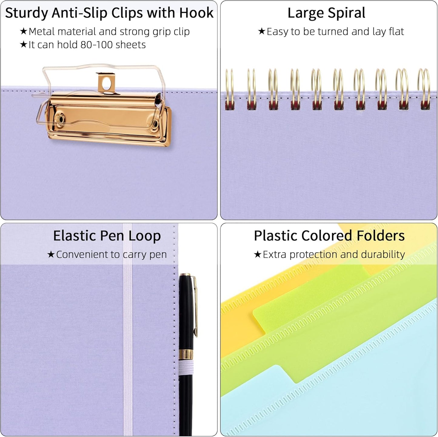 Ospelelf Foldable Spiral Clipboard Folio with Storage Zipper Pouch, 5 Plastic Folders with 10 Pockets, Refillable Lined Notepad (11" x 8.5"), Linen Hardcover Project Organizer (Light Purple)