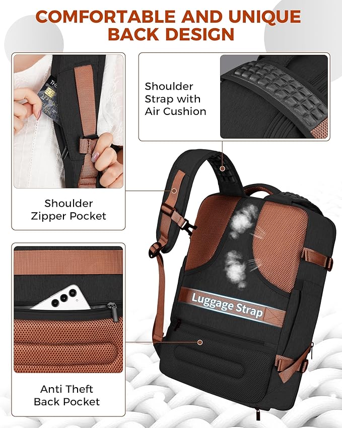 Vancropak 40L Travel Backpack for Women & Men, Large Expandable Carry on Backpack for Airplanes with 3 Packing Cubes, Airline Approved Water Resistant Anti Theft Travel Bag fit 17" Laptop, Black Brown