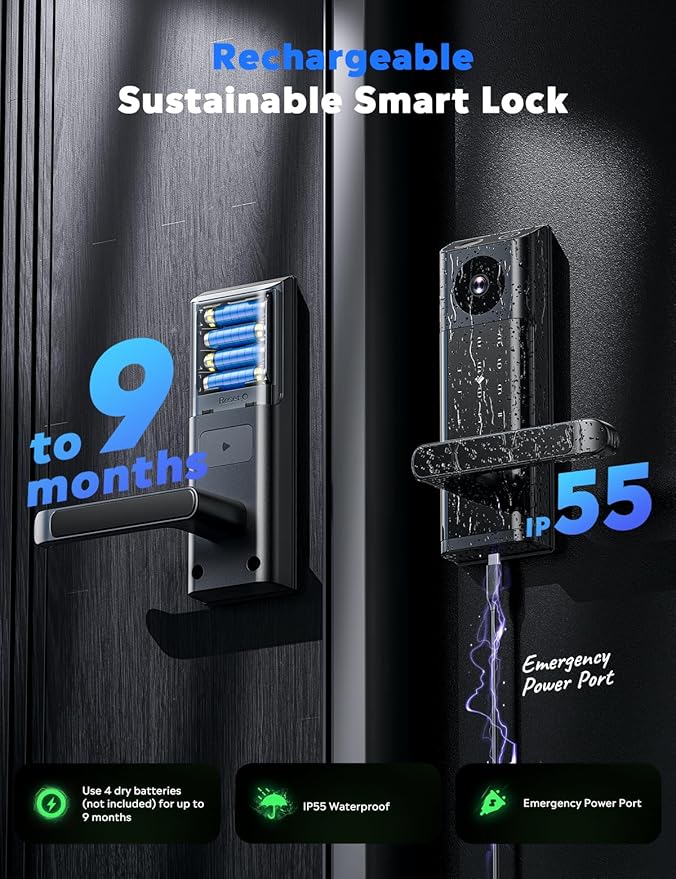 CAMCAMP Smart Lock with Camera & Doorbell, Built-in WiFi Camera Deadbolt Lock for Front Door, Keyless Entry Door Lock with Handle, Fingerprint, Keypad Code, App Control, Auto Lock