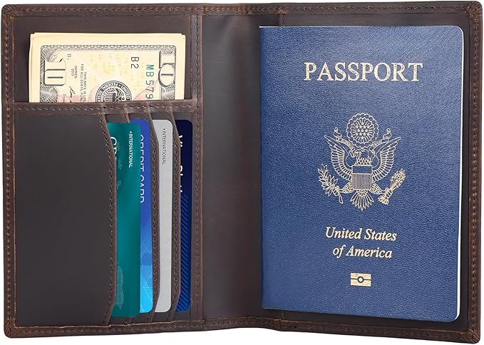 Polare Slim RFID Blocking Leather Passport Holder Travel Bifold Wallet For Men (Dark Brown with AirTag Slot)