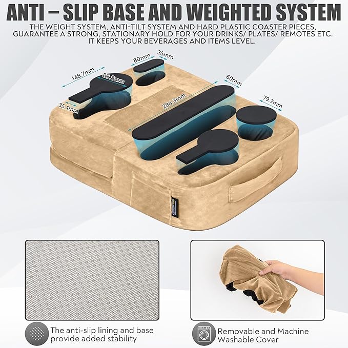 Couch Cup Holder Tray Pillow - Bed, Couch Caddy, Sofa, RV & Car - Holds Drinks, Snacks, Remotes, Phones, Kindle, Tablet | Bed Cup Holder (Beige)