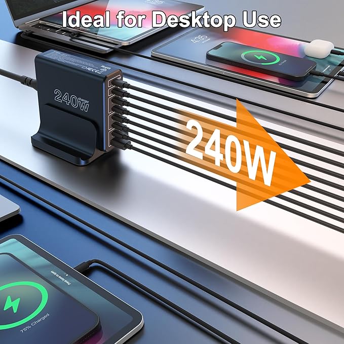 URVNS 240W USB C Charger, 8-Ports Compact GaN PD 100W PPS 45W QC20W Multiport Fast Charging Station for MacBook Laptop, iPhone 16 15 Pro Max, iPad, Galaxy S24 S22, Pixel and More