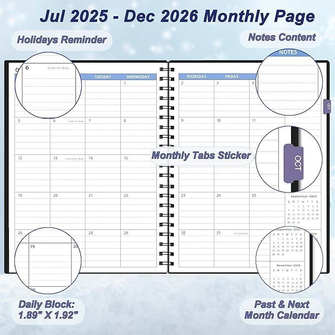 Monthly Planner 2025-2026 (7.4'' x 9.6''), 18 Months Calendar Planner from Jul 2025-Dec 2026, 2025 Agenda with Pocket, 120GSM Paper, Black