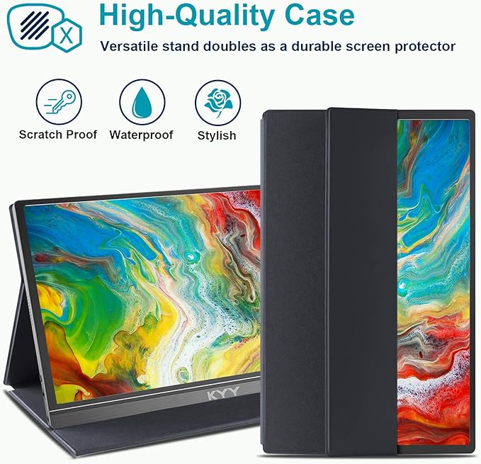 KYY Portable Monitor 15.6inch 1080P FHD USB-C, HDMI Computer Display HDR IPS Gaming Monitor w/Premium Smart Cover & Screen Protector, Speakers, for Laptop PC MAC Phone PS4 Xbox Switch