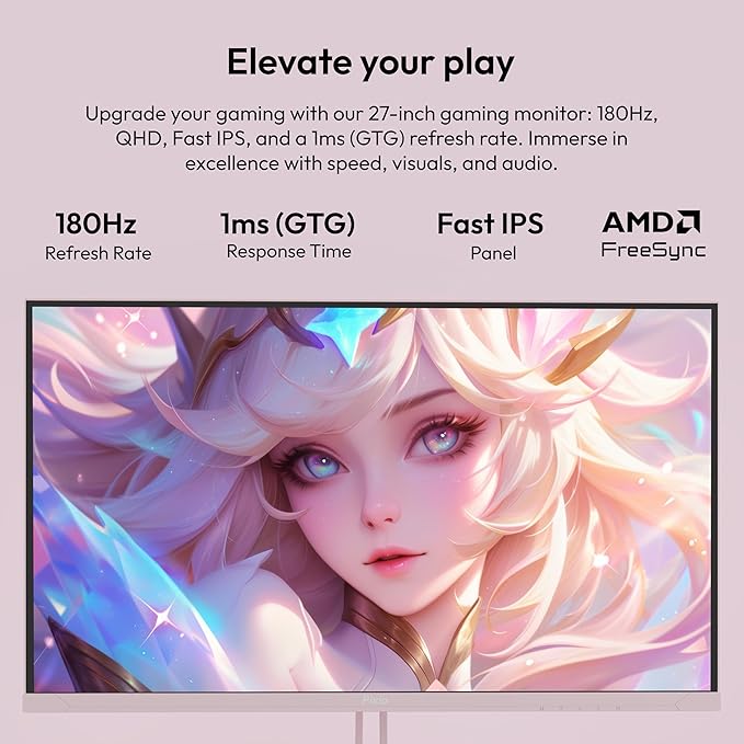 Pixio PX278 Wave Pink 27 inch 180Hz Refresh Rate QHD 1440p Resolution Fast IPS Panel 1ms GTG Response Time Pink Gaming Monitor with FreeSync