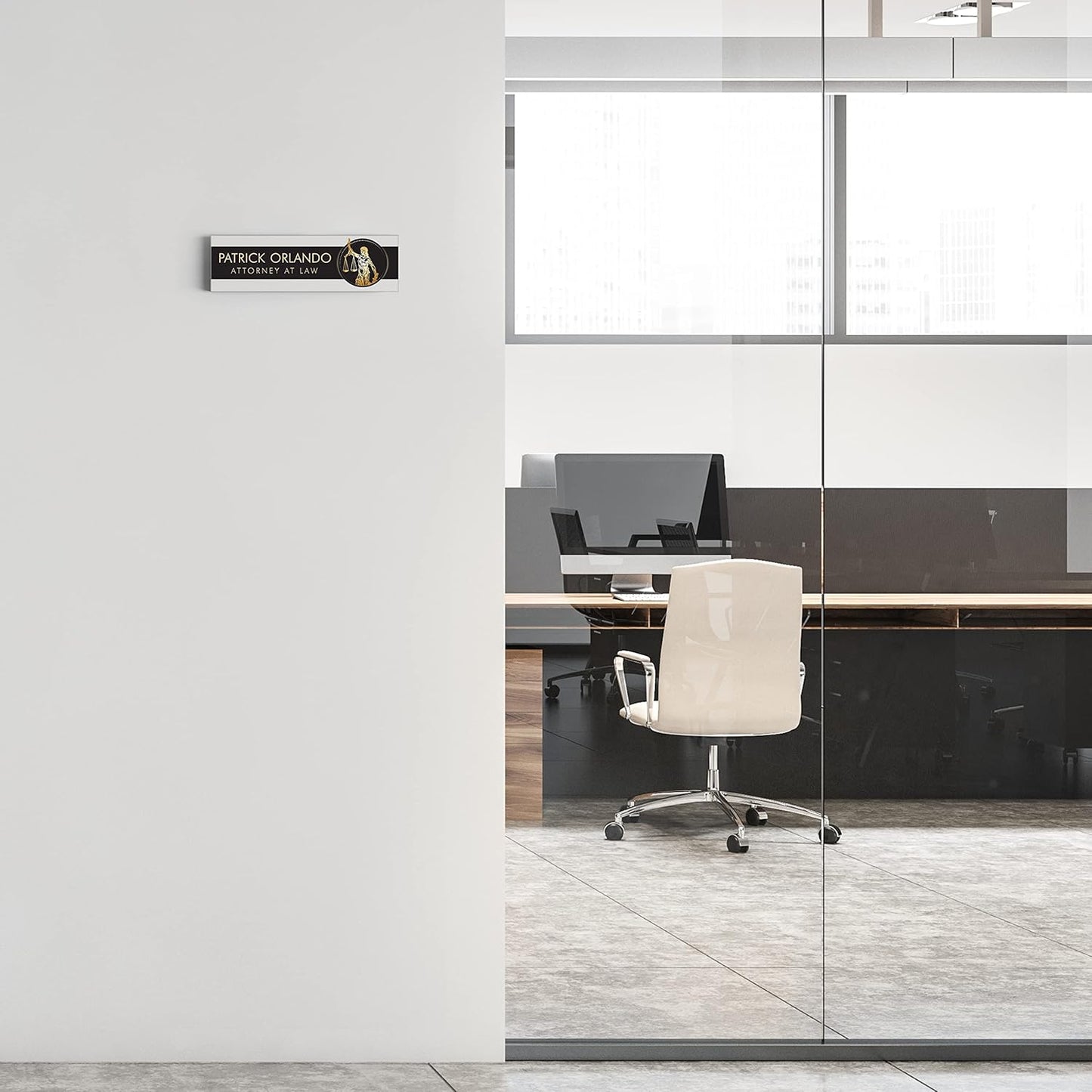 Artblox Personalized Office Desk Name Plate and Business Card Holder | Clear Acrylic Glass with Teak Wood Stand | Lawyer Design Customized with Your Name and Credentials Office Desk Decor