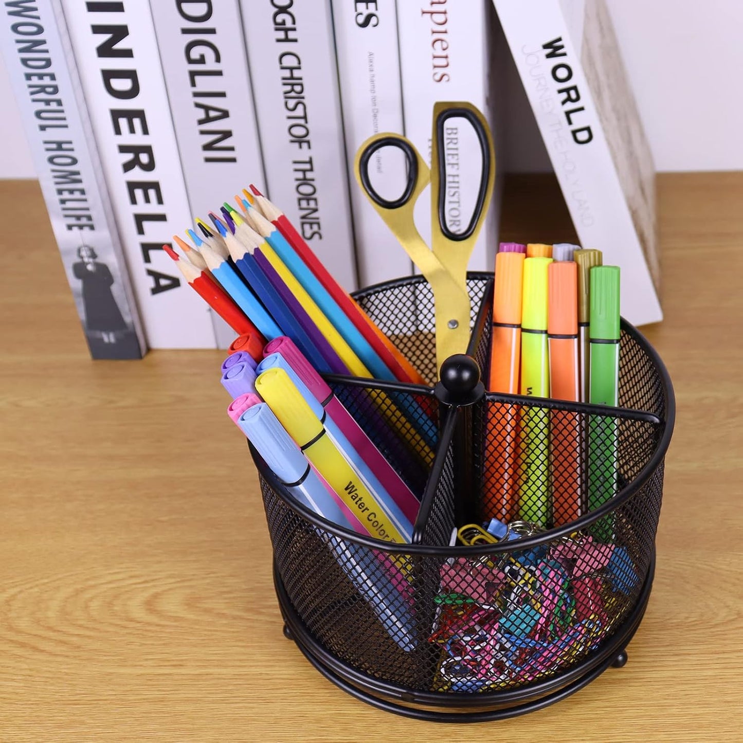 Pen Holder for Desk, 360 Rotating Mesh Pencil Organizer Marker Storage Caddy, Black Large Capacity Desktop Stationery Organizer, 4 Compartments for Home Office School Kids Art Supplies