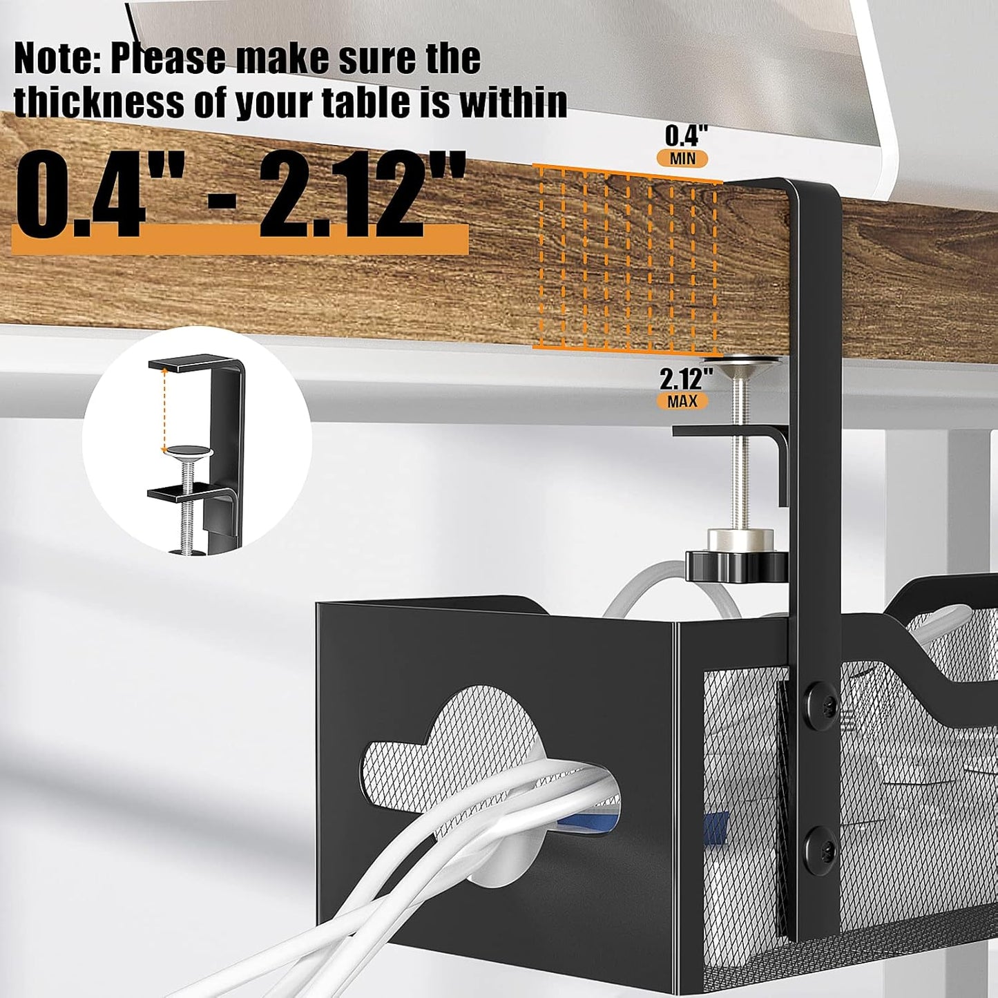 Under Desk Cable Management Tray 13.38", Quszmd Cable Organizer No Drill, Standing Cord Organizer and Wire Management Tray - No Damage to Desk, Black