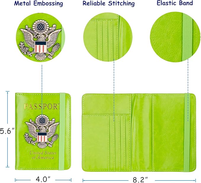 TOURSUIT RFID Blocking Passport Holder for Women Men, Leather Passport Travel Wallet with Metal 3D Metal Badge, Travel Document Holder Cover Accessories (Green)