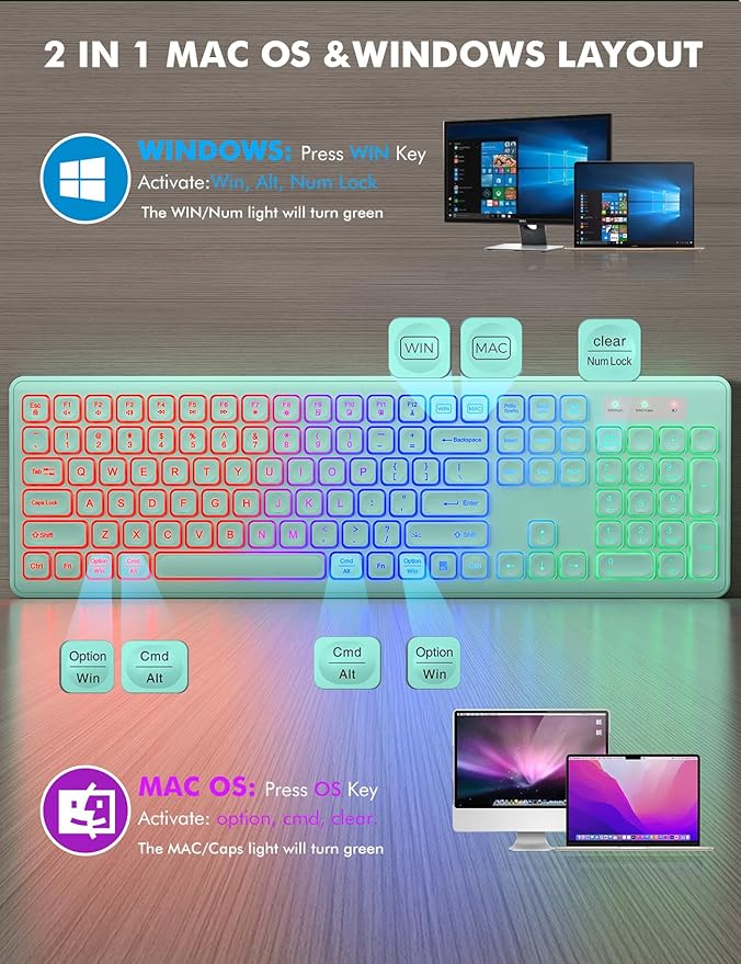Wireless Keyboard and Mouse Combo - RGB Backlit, Rechargeable & Light Up Letters, Full-Size, Ergonomic Tilt Angle, Sleep Mode, 2.4GHz Quiet Keyboard Mouse for Mac, Windows, Laptop, PC, Mint Green