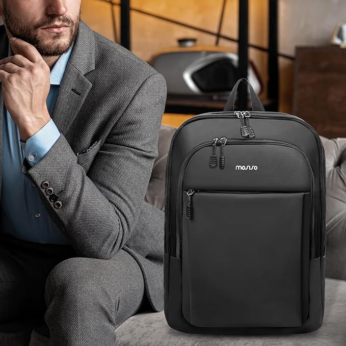 MOSISO Laptop Backpack for Men, Slim Lightweight Compact Computer Backpack for College Work Business Office Travel, 17.3 inch Waterproof Commute Laptop Bag Casual Daypack with Luggage Strap, Black