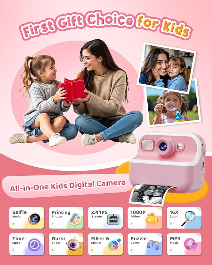 Instant Camera, Front Rear Dual Selfie Kids Camera with 1080P Videos, Holiday Birthday Gifts for Kids Age 3-12, Toddler Portable Travel Print Digital Camera Toy for 4 5 6 7 8 9 Year Boys Girls