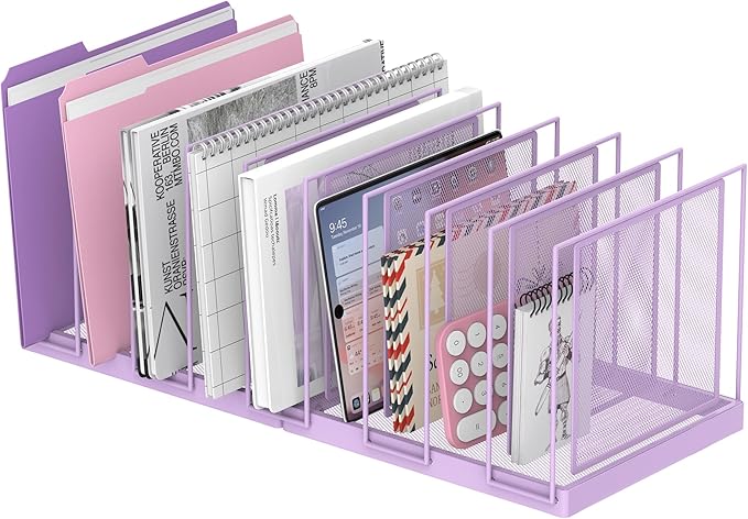 9-Section Desk File Organizer, Vertical File Holder, Mesh Desktop File Folder Metal File Organizer Stand for Office Home Classroom, Purple