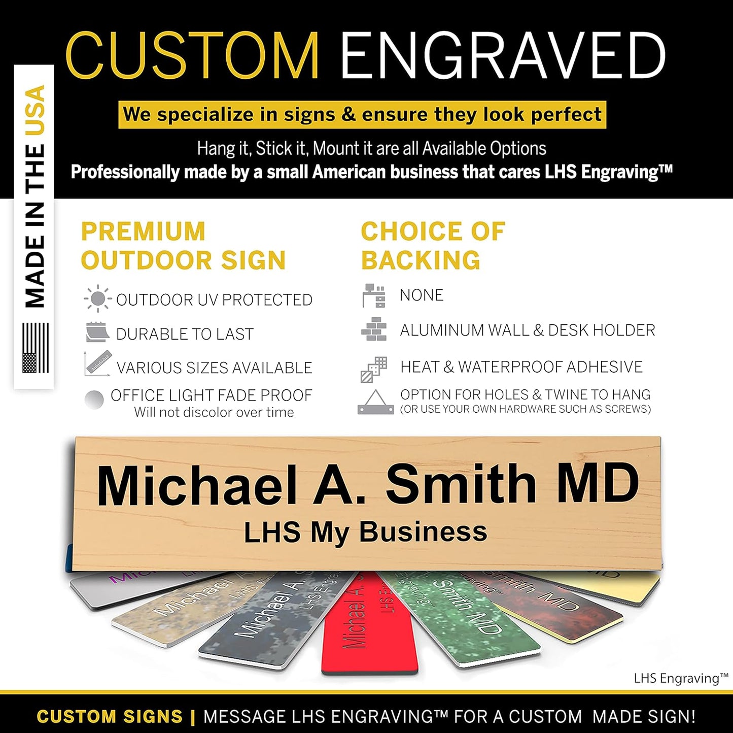 Engraved Name Plates for Door Sign Personalized Cashew Plastic Plaque with Black Letters - Made in USA 2x6 N6