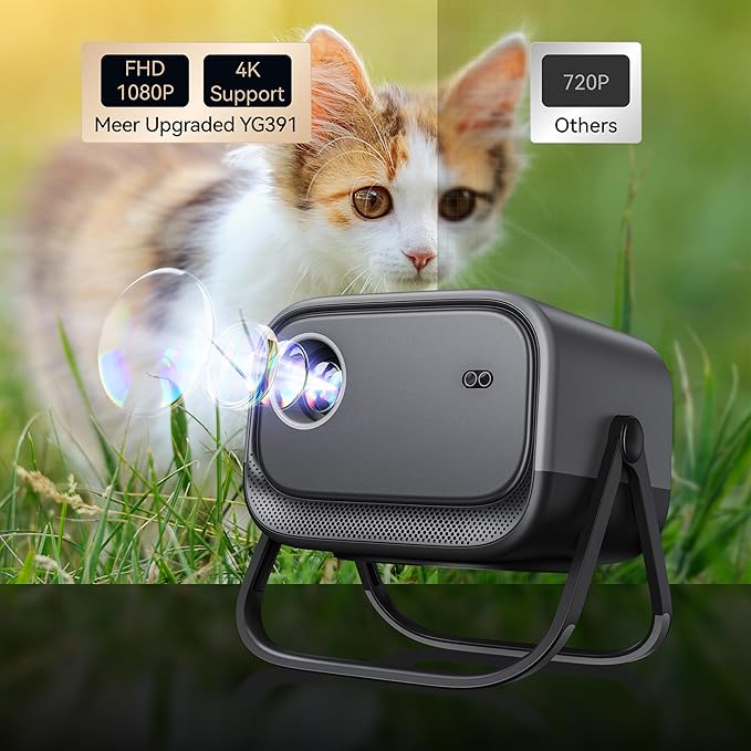 Electric Focus&360°Adjustable Stand-1080P Phone Projector with WiFi and Two-way Bluetooth,MEER 2025 Latest Upgraded Auto Keystone Ceiling Projector, Home Movie Proyector for iPhone/TV Stick/Laptop