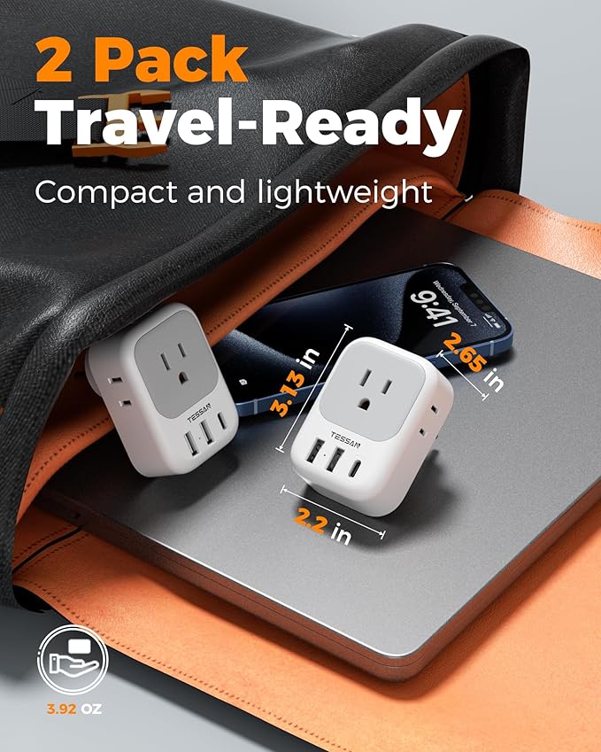 TESSAN Israel Adapter Plug 2 Pack, 7 in 1 US to Israel Power Adapter with 3 USB Ports (1 USB C Port) 4 American Outlets, Type H Travel Adaptor for USA to Jerusalem