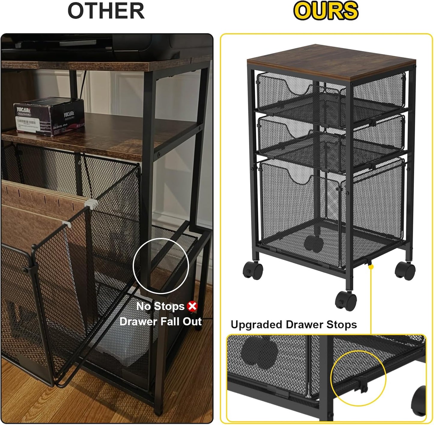 Rolling File Cart with 3 Storage Drawers, Wood & Mesh Hanging File Folder Organizer with Wheels Under Desk, File Cabinets for Home Office, 11.81" D x 14.8" W x 25.39" H, Black