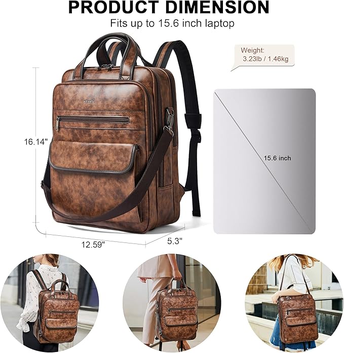 Shrrie Laptop Backpack for Women and Men, 15.6 Inch Vegan Leather Computer Backpack Professional Water-Resistant Casual Daypack for Work Business College Travel Office,Two-toned Brown