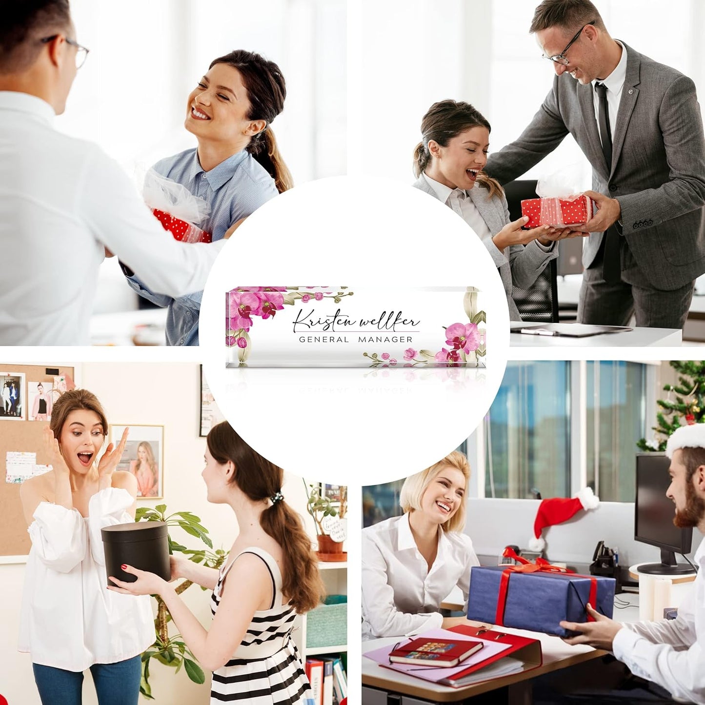 Name Plate for Desk Personalized - Custom Name Plates for Work,Ideal Office Decor for Men and Women,Clear Acrylic Desk Name Plate Customized Gifts (8" x 2.5") (Flower Floral)