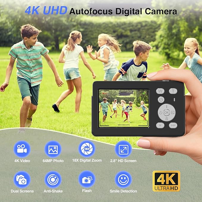 4K Digital Camera, 64MP FHD Autofocus Compact Camera with 32G SD Card with 2.8" Large Screen, 18X Digital Zoom, Portable Mini Camera for Photography, Suitable for Kids,Adult,Beginners