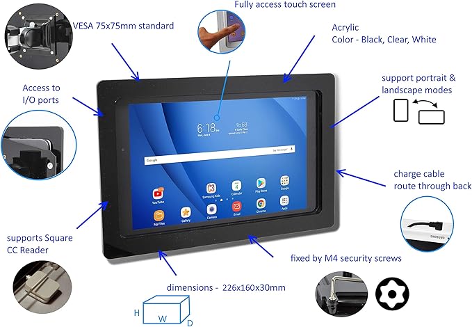 TABcare Security Anti-Theft Acrylic VESA Enclosure for Samsung Galaxy TAB A 10.1 2019 SM-T510 with Wall Mount Kit (Black, TAB A 10.1 2019)