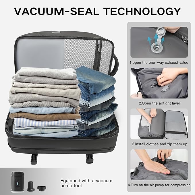 Vacuum Seal Travel Backpack 45L Expandable Air Compression System Water Resistant 17 Inches Laptop Backpack for Women & Men with USB Charging Port- Vacuum Pump Included