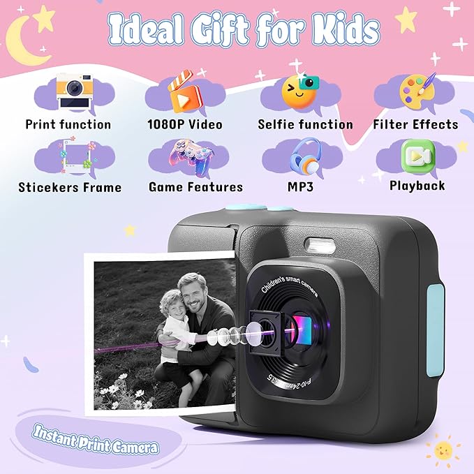 Kids Camera, 1080P Instant Digital Print Camera for Kids, Christmas Birthday Gifts for 4 5 6 7 8 9 10 Year Old Girls Boys, Portable Toy with 32GB SD Card & 3 Rolls Printing Paper, Black