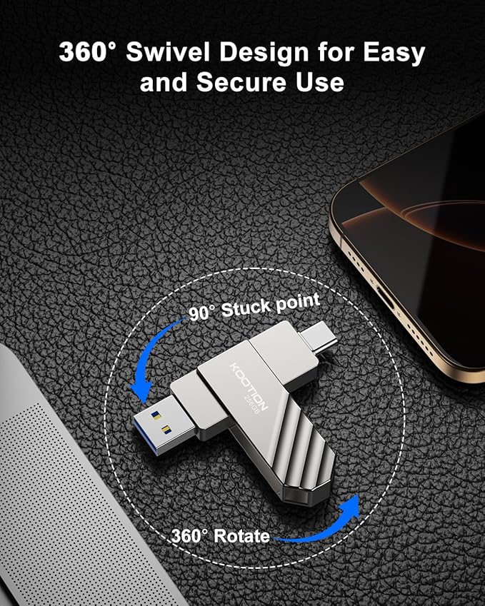 KOOTION 256GB USB 3.2 Flash Drive Metal Type C USB Solid State Drive Up to 450MB/s Dual USB C Flash Drive Swivel Thumb Drive Pen Drive Memory Stick for iPhone15, Silver