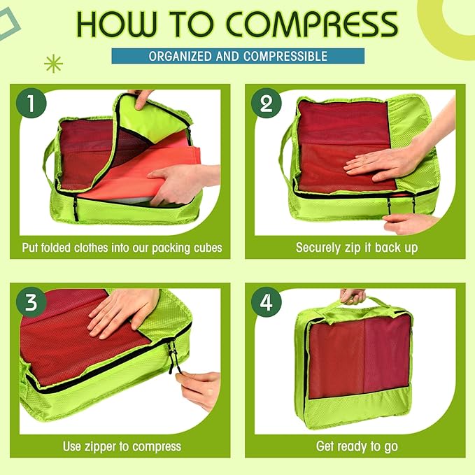 5 Pcs Packing Cubes for Suitcase Large Travel Cubes Carry on Luggage Organizer Bags for Clothes Accessories(Mixed,Green)