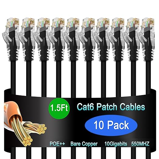 Cat6 Ethernet Patch Cable 1.5 ft (10 Pack), Cat6 Patch Cable for Data Centers, Cat 6 Patch Cable 10G, Network Patch Cables for Home and Enterprise Network -Black