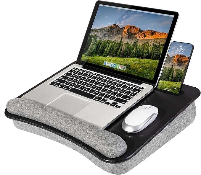 LAPGEAR Portable Laptop Lap Desk with Pillow Cushion, Anti-Slip Strip, Tablet or Phone Storage Slot, Pen and Pencil Pocket, and Wrist Rest - Black - Fits up to 15.6 Inch Laptops - Style No. 91348