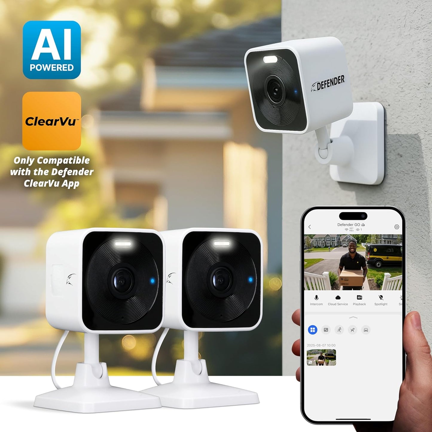 Defender GO 2K AI Powered Plug-in Indoor/Outdoor Home Business, Pet, Baby Camera, AI Detection, Dual Band Connection, Spotlight/Siren, Color Night Vision, 2-Way Talk, Works w/ClearVu App, 2 Pack