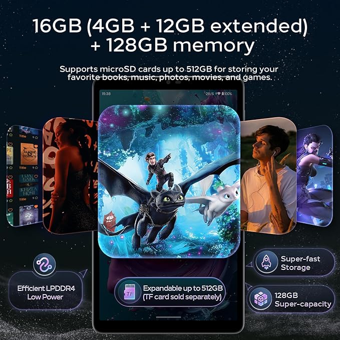 Android 15 Tablet 8.7 inch, Octa Core, 16GB RAM, 128GB ROM, 1TB Expandable, 8.7" HD IPS 1340x800, 5MP+8MP Camera, 5G WiFi+BT5.0+GPS, Type-C, with Headphone Jack, Leather Case Included