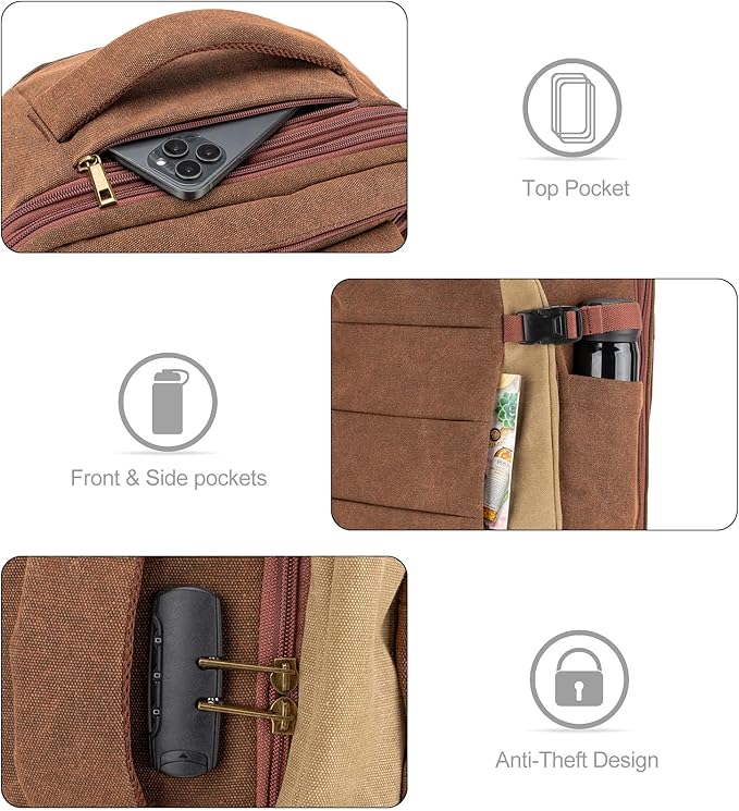 Tzowla 40L Canvas Travel Laptop Backpack for Men Women Carry on Flight Approved,Large Capacity Anti Theft Backpacks with USB Port,Vintage Business Rucksack Bag Fit 17.3 Inch Laptop(Brown & Khaki)