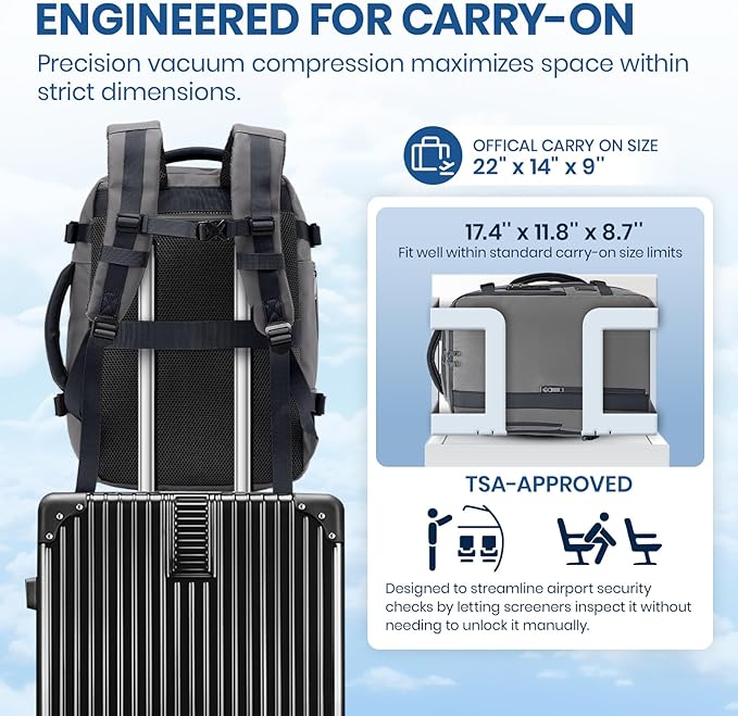 Fanwoli Vacuum Travel Backpack, Carry On Luggage with TSA Lock & Anti Theft Zipper, 60L Expandable Airback with Compression Pump, Waterproof Laptop Bag Ideal for Flight & Business,Grey