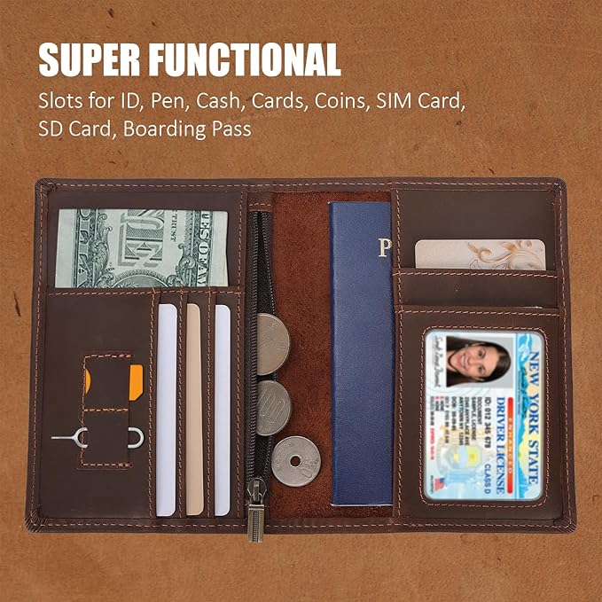 STAR VISTA Phoenix Leather Passport Holder, Full Grain Leather Travel Wallet- Slim, Bifold, RFID Blocking, ID Window, Coin Pocket, Card Slots, SIM Slots