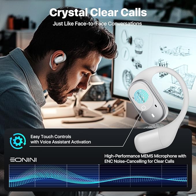 2025 Open Ear Earbuds Wireless Bluetooth Headphones, Earhook Sports Earphones with Mic, 40Hrs Playtime, Smart Digital Display, IPX5 Waterproof for Running, Gym, Cycling(White)