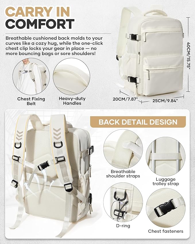 Vacuum Travel Backpack with Pump for Women,Personal Item Carry on Backpacks Flight Approved 18x14x8 inches for Men,Laptop Waterproof Work Compression bags Casual Daypack Beige.