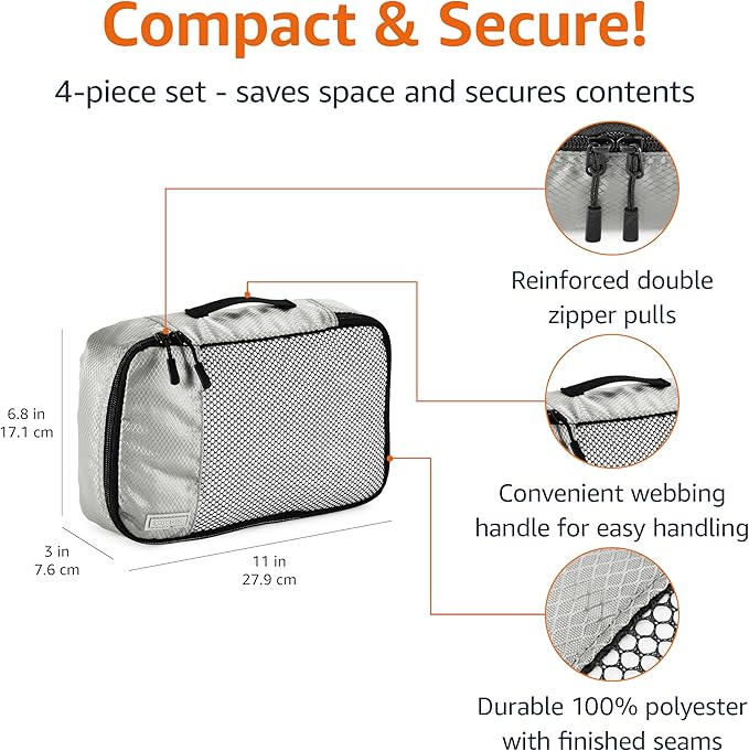 Amazon Essentials 4-Piece Packing Cubes Travel Accessories Set, Luggage Organizer with Double Zipper, Mesh Top, 100% Polyester, Small, Gray (Previously Amazon Basics)
