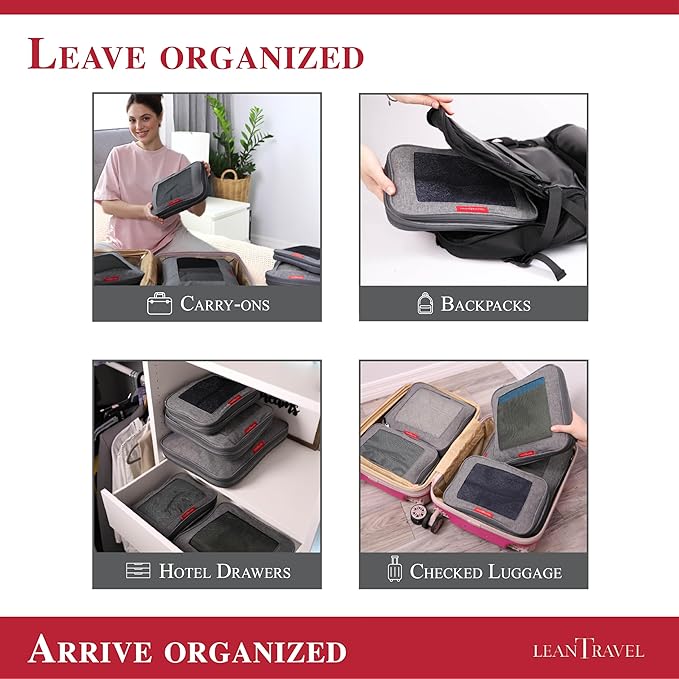 LeanTravel Compression Packing Cubes for Travel Organizers with Double Zipper (6-Pack (2L+2M+2S), Grey-Black-Brown)