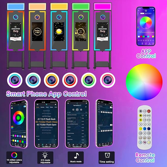 Mirror Photo Booth with Camera and Printer, 40" Magic Mirror Photo Booth, 22" Touch Screen Built-in Mini PC with Instant Print and Sharing, Music Sync Control RGB Light (Black, 45-22" Full Set)