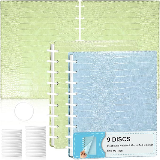 2 Pack Pu Leather 7X9.25 In Discbound Notebook Cover And Disc Set Discbound Planner Cover With 18 Pcs Expansion Discs 9-Disc Disc Bound Notebook Accessories(Blue+Green，No Inner Paper)