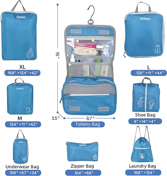 8 Set Expandable Compression Packing Cubes for Suitcases Travel Essentials Carry On Waterproof Storage Bag With Dry And Wet Separation Blue