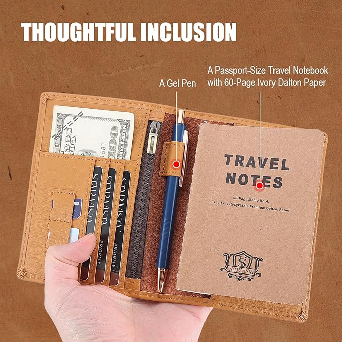 STAR VISTA Phoenix Leather Passport Holder, Calfskin Travel Wallet - RFID Blocking, ID Window, Zipper Pocket, Pen & Notebook Included, Honey