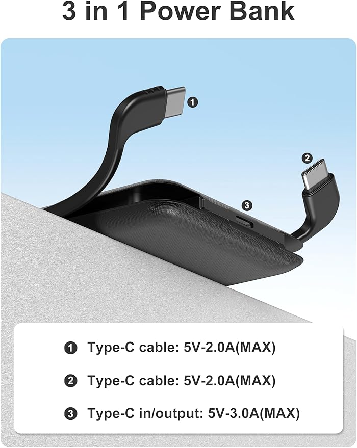 miisso 10000mAh Slim Portable Charger with Built in Cable, Power Bank Travel Charger External Battery Pack for Phone, 3 Output USB Type C Cord Clutch Charger Compatible with iPhone, Black